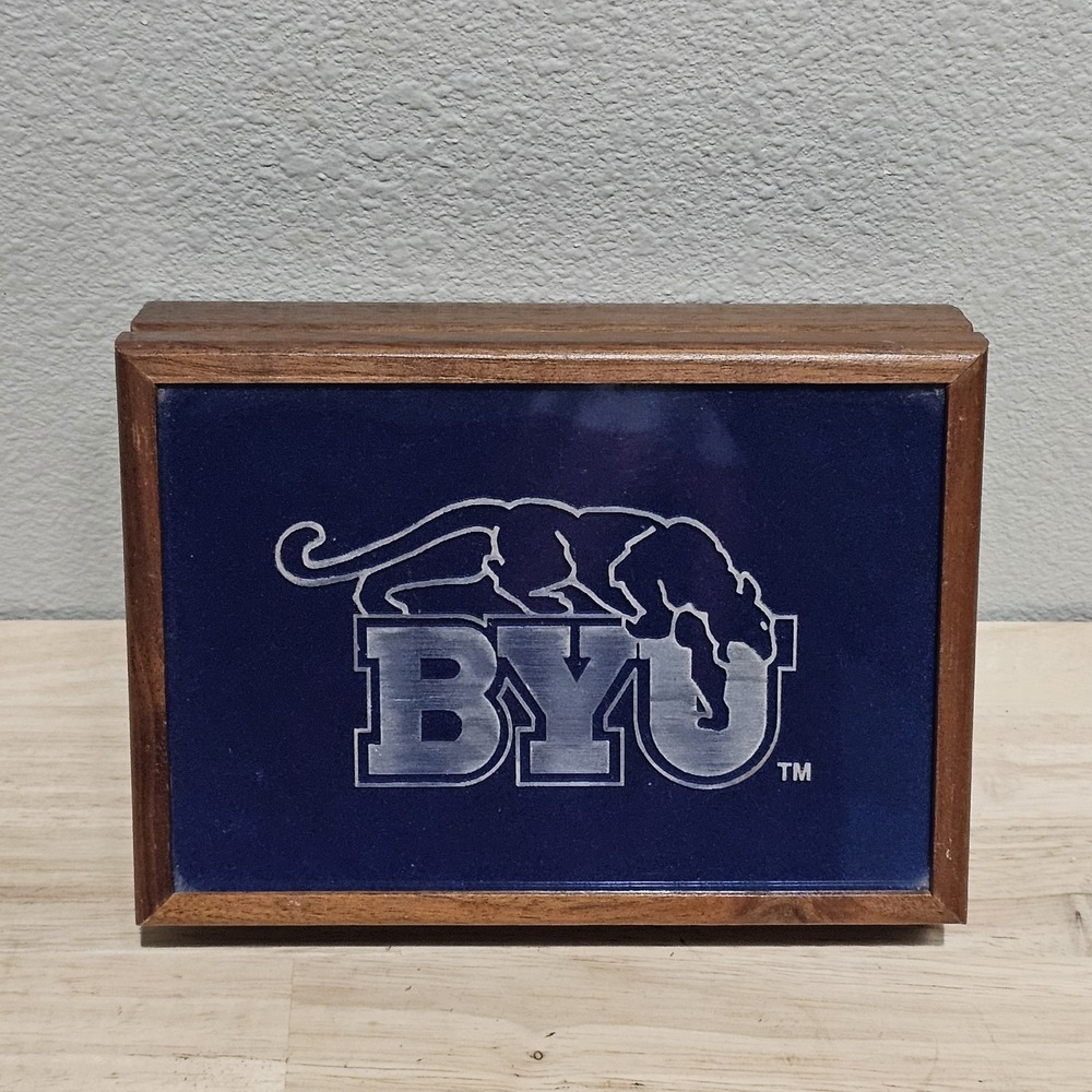 Vintage Carved Stone Slab BYU Cougars Lined Wood Trinket Box, Catch All Jewelry